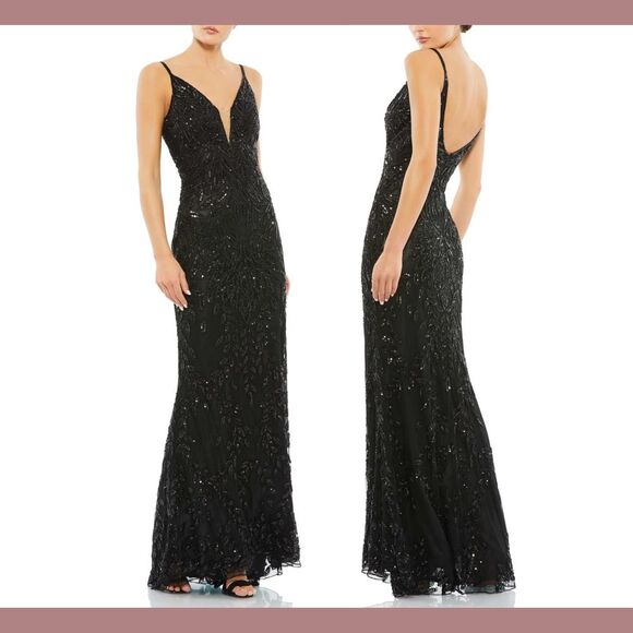 NWT Mac Duggal [ 6 ] Plunging V‎ Neck Embellished Leaf Evening Gown Black #J21